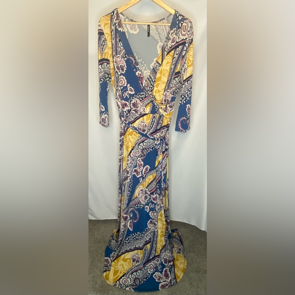 Janette John 3:16 Maxi dress with blue, pink, and yellow patterns. Size 2x